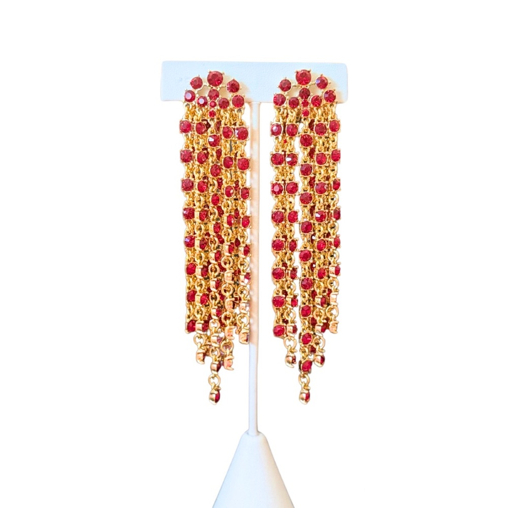 Oscar De La Renta Red Crystal Gold Plated Waterfall Statement Clip Earrings 12cm